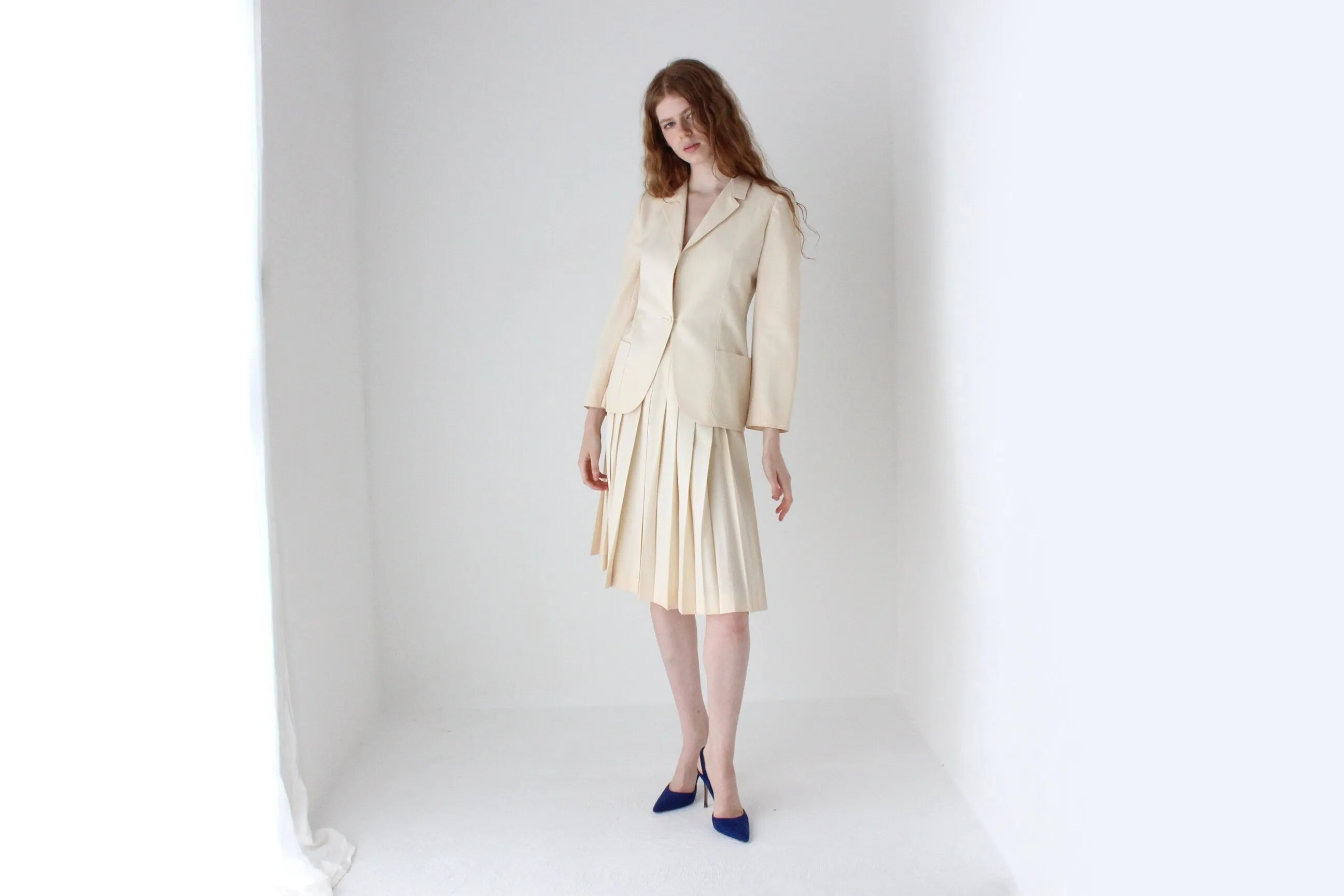 1970s Krizia Italy Cream Wool Two Piece Bridal Skirt Suit