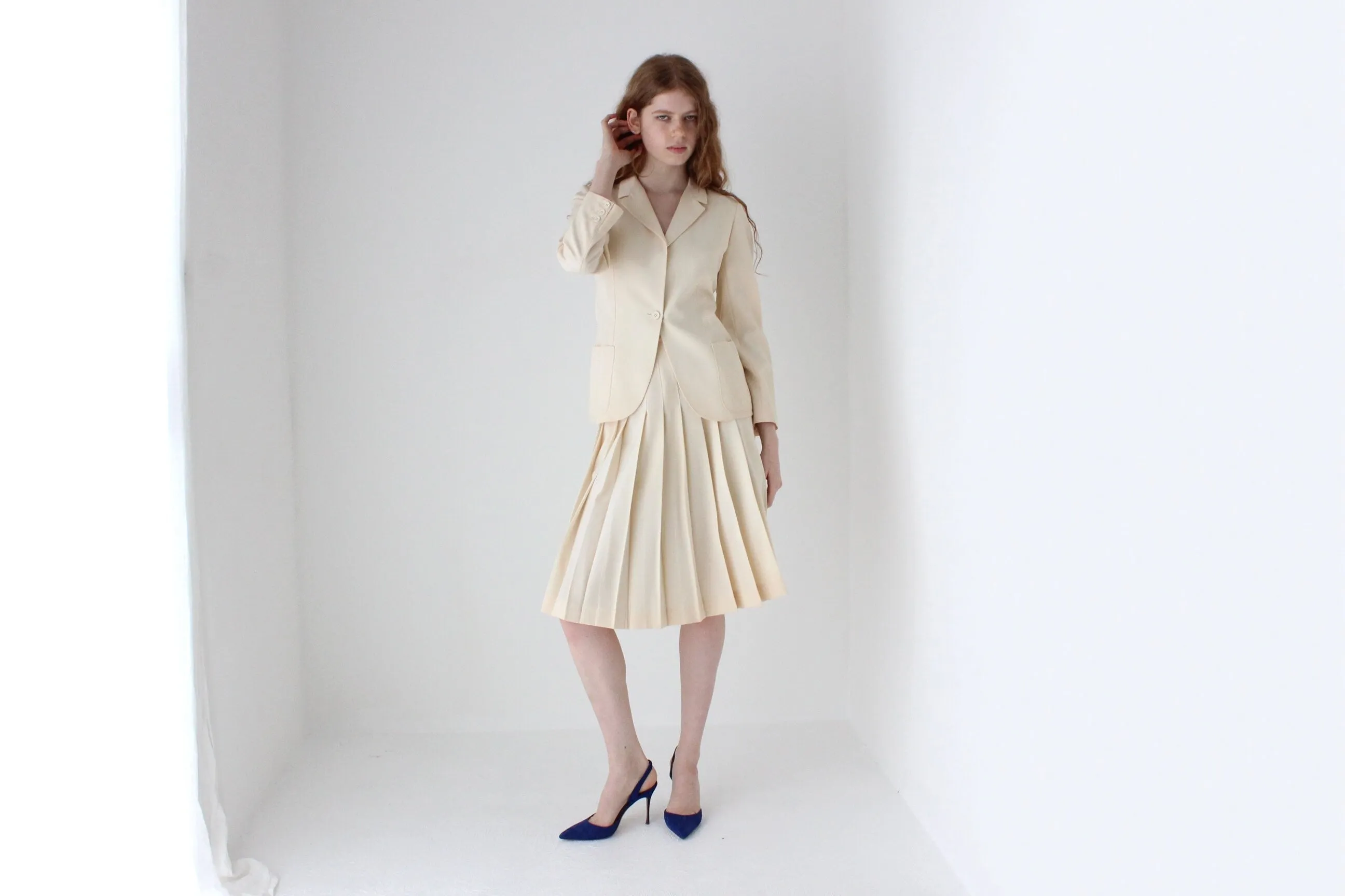 1970s Krizia Italy Cream Wool Two Piece Bridal Skirt Suit