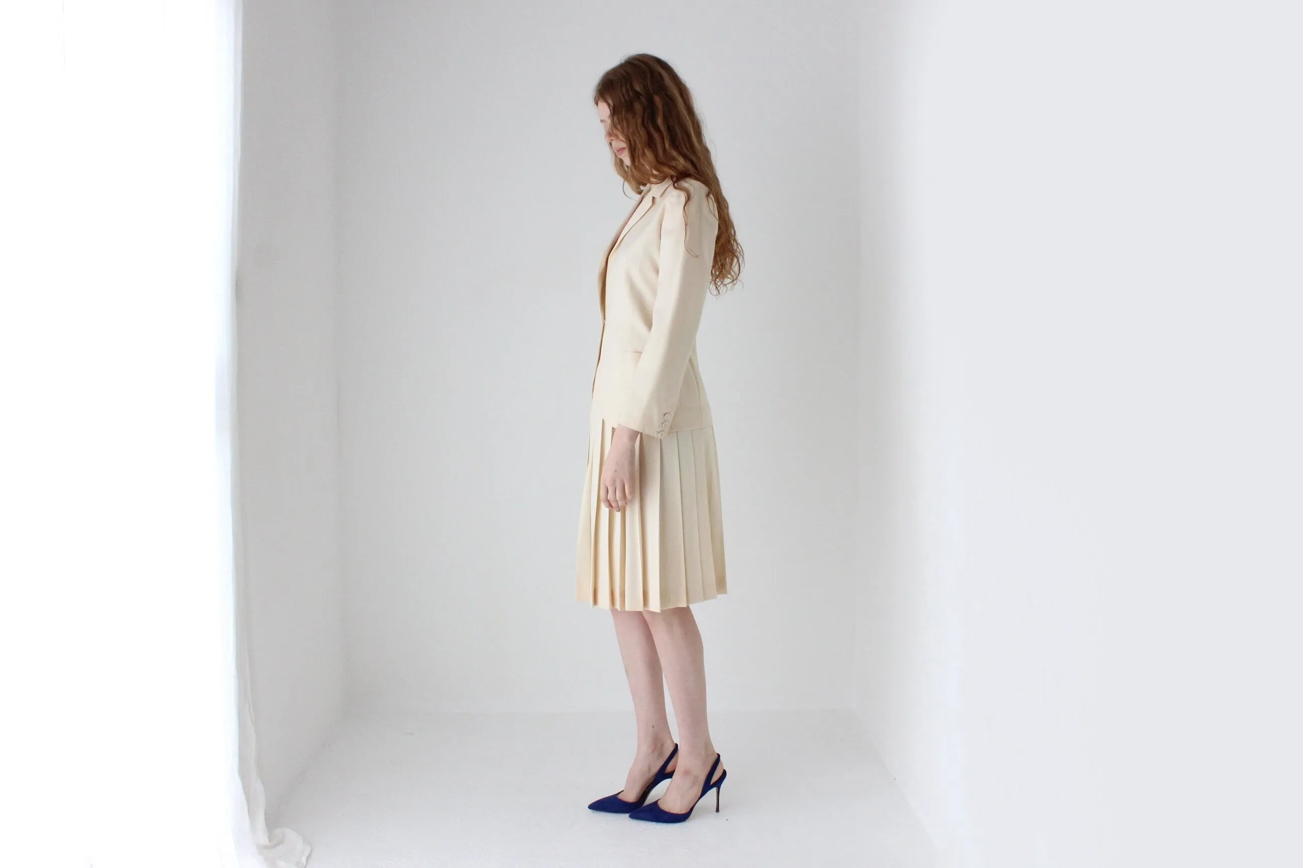 1970s Krizia Italy Cream Wool Two Piece Bridal Skirt Suit