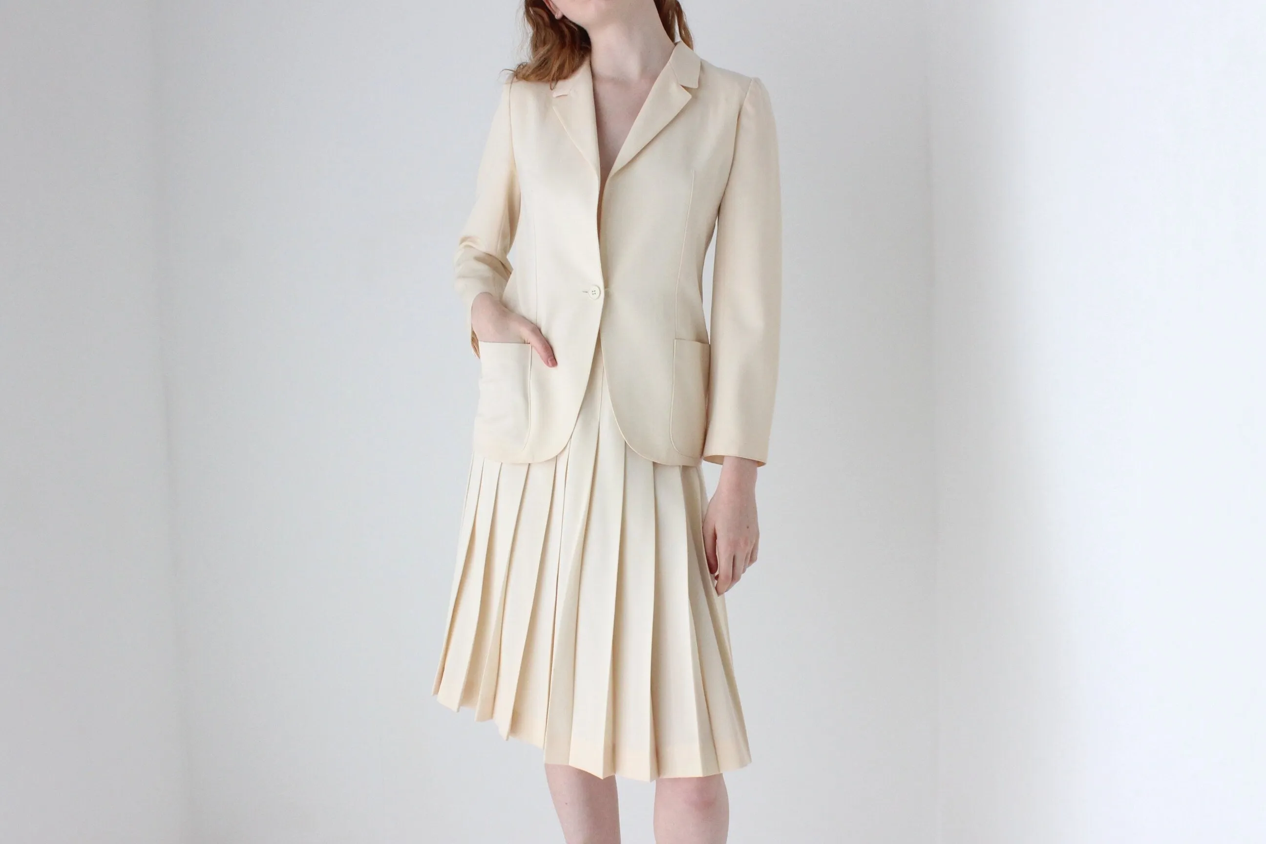 1970s Krizia Italy Cream Wool Two Piece Bridal Skirt Suit