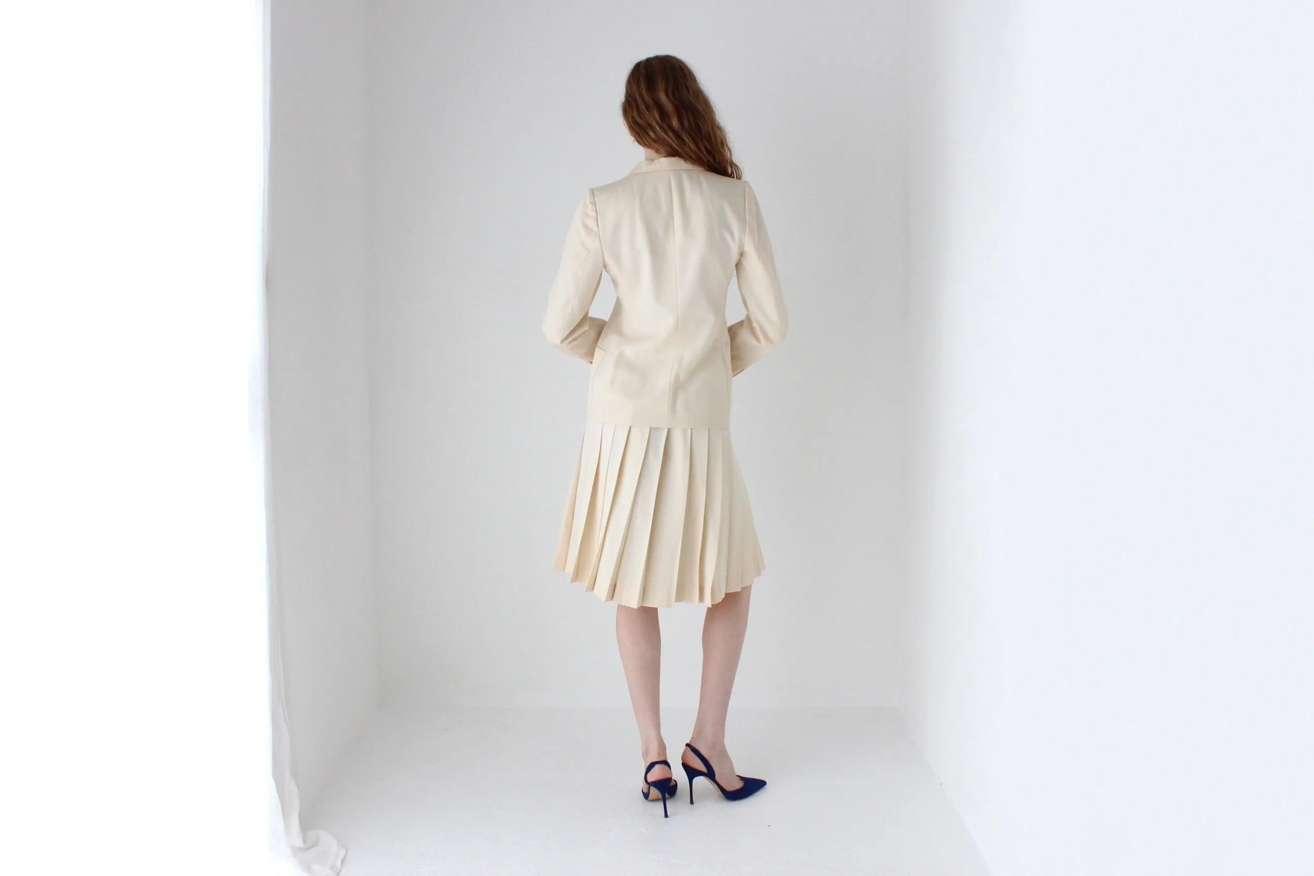1970s Krizia Italy Cream Wool Two Piece Bridal Skirt Suit