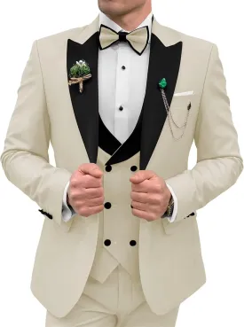 3 Piece Mens Tuxedo Suit Set Double Breasted Suit Men Slim Fit Tuxedo Suits with Bow for Groom Wedding Prom