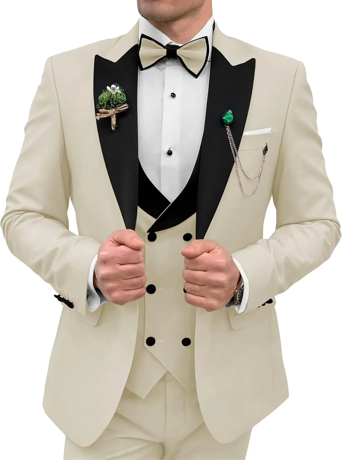 3 Piece Mens Tuxedo Suit Set Double Breasted Suit Men Slim Fit Tuxedo Suits with Bow for Groom Wedding Prom