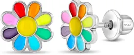 925 Sterling Silver Rainbow Enamel Daisy Flower Screw Back Earrings for Little Girls and Preteens - Vibrant Multicolored Petal Flower Earrings