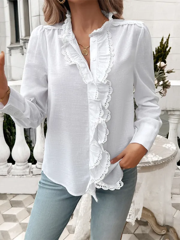 Alodie Women's Temperament Striped Lace Long Sleeve Shirt