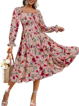 Amegoya Women's Boho Flowy Long Sleeve Square Neck Floral Midi Dress Smocked Spring Fall Wedding Guest Dresses