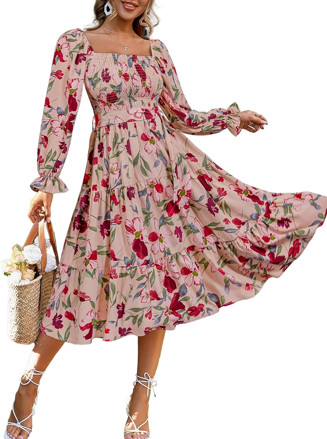 Amegoya Women's Boho Flowy Long Sleeve Square Neck Floral Midi Dress Smocked Spring Fall Wedding Guest Dresses