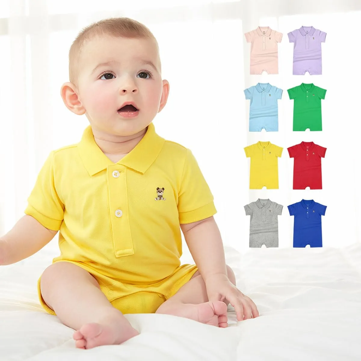 Baby Polo Romper Cotton Short Sleeve Embroidery Bear Jumpsuit 3-24 Months