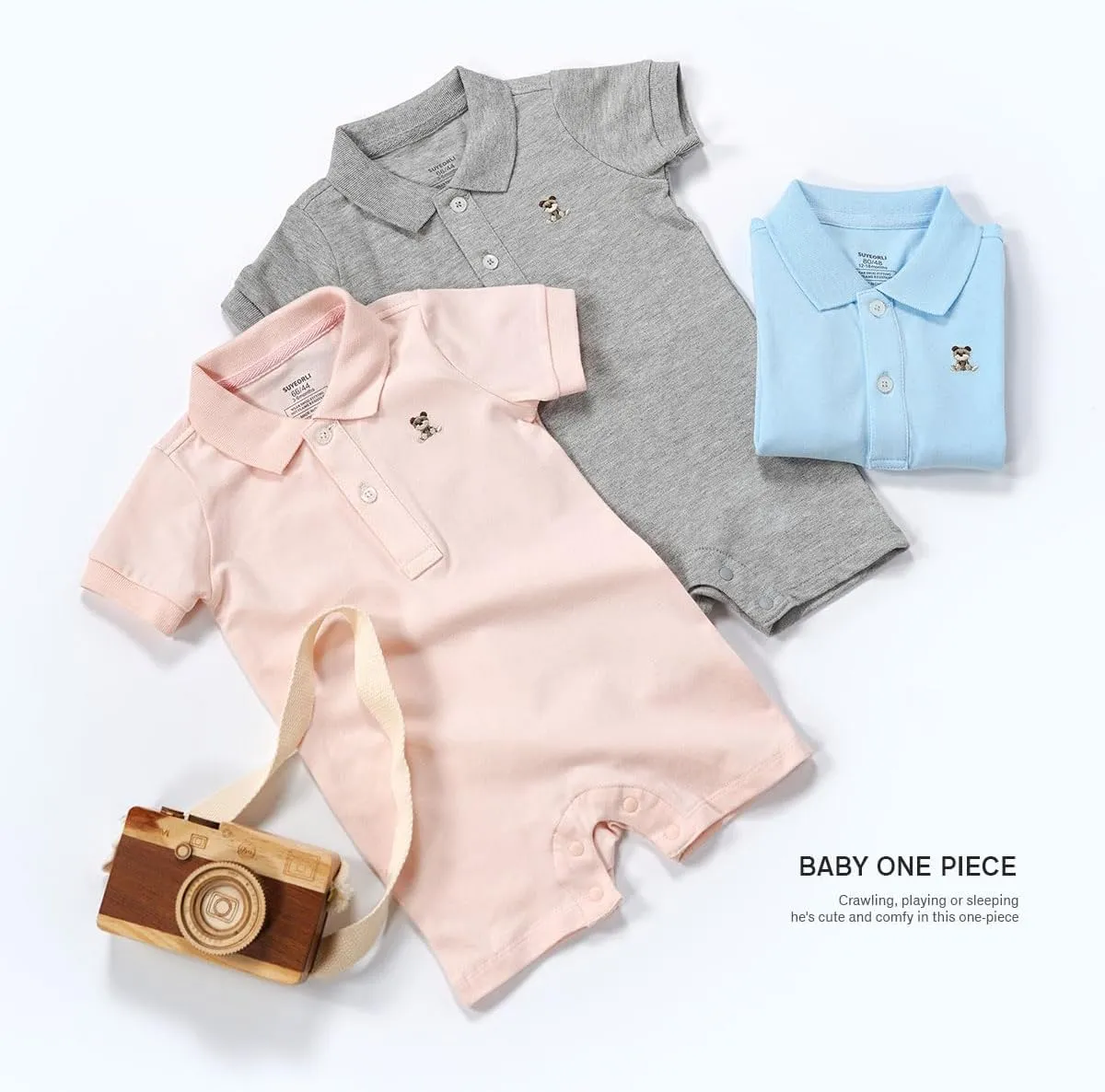 Baby Polo Romper Cotton Short Sleeve Embroidery Bear Jumpsuit 3-24 Months