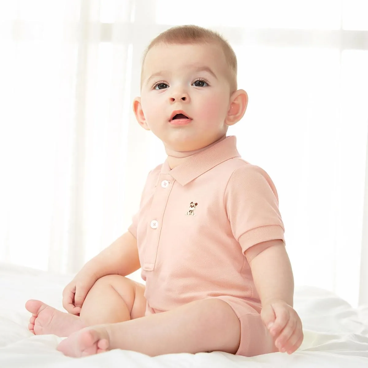 Baby Polo Romper Cotton Short Sleeve Embroidery Bear Jumpsuit 3-24 Months