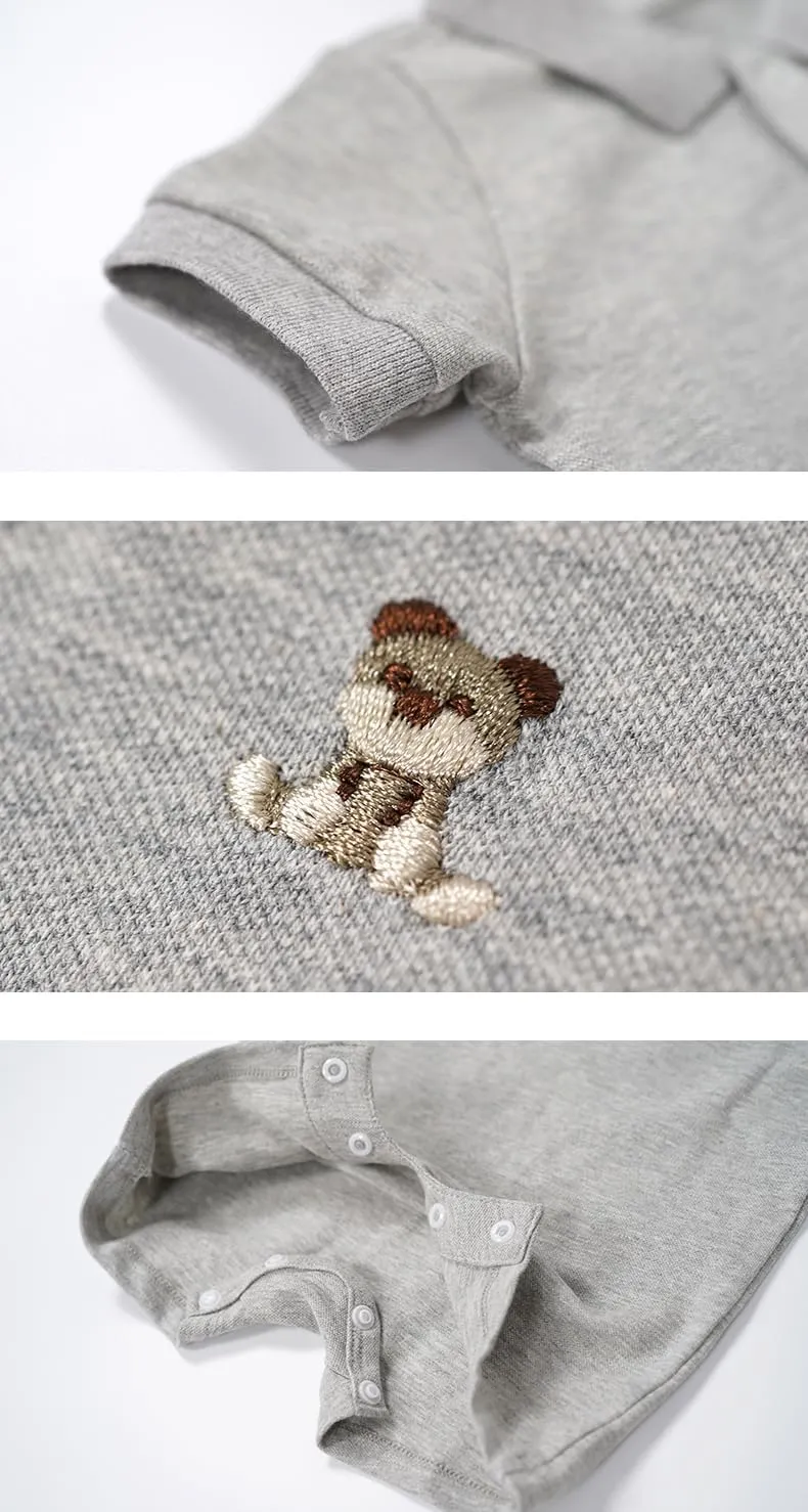 Baby Polo Romper Cotton Short Sleeve Embroidery Bear Jumpsuit 3-24 Months