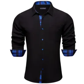 Barry Wang Mens Solid Black and Blue Plaid Splicing Long Sleeve Silk Shirt