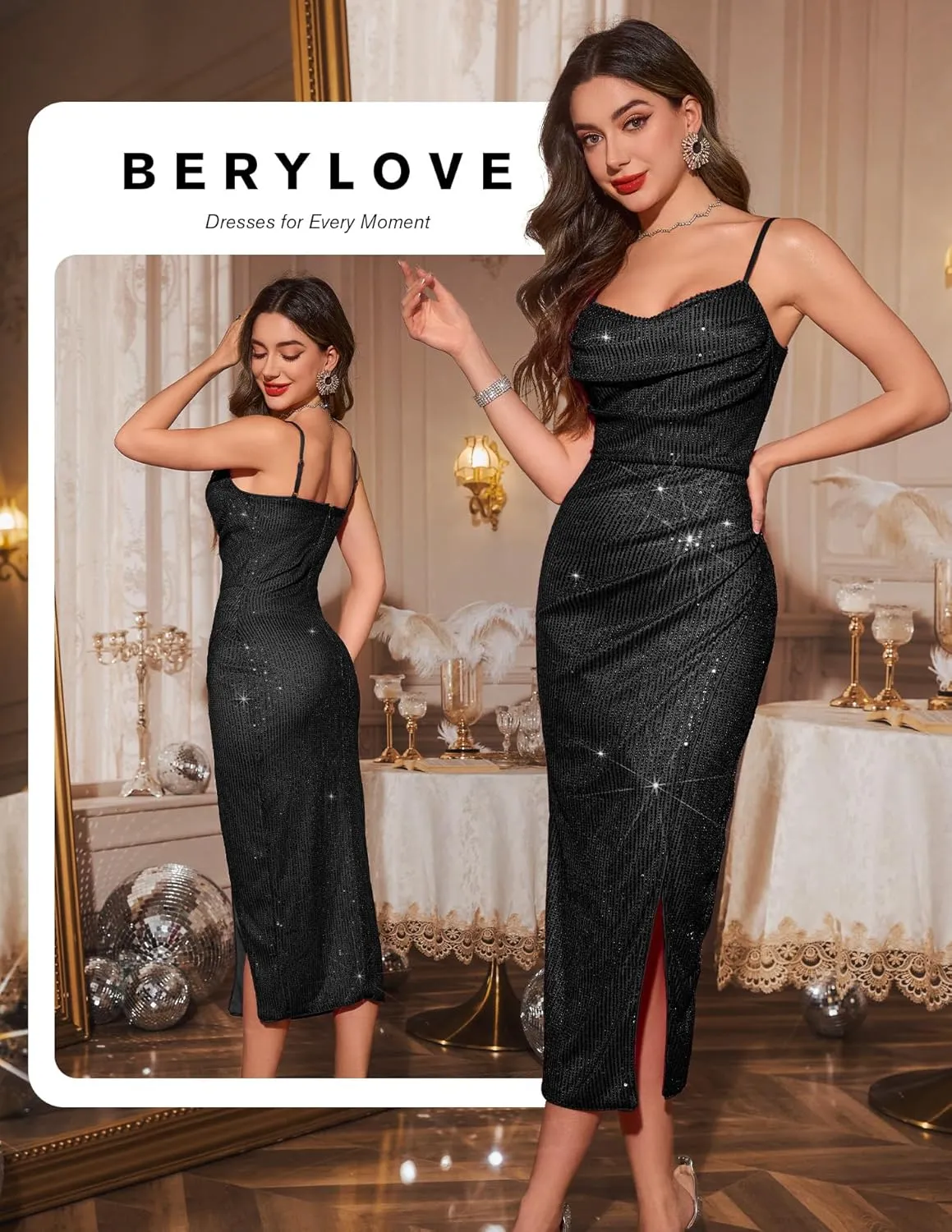 BeryLove Sequin Formal Wedding Guest Cocktail Spaghetti Strap Prom Bodycon Dress