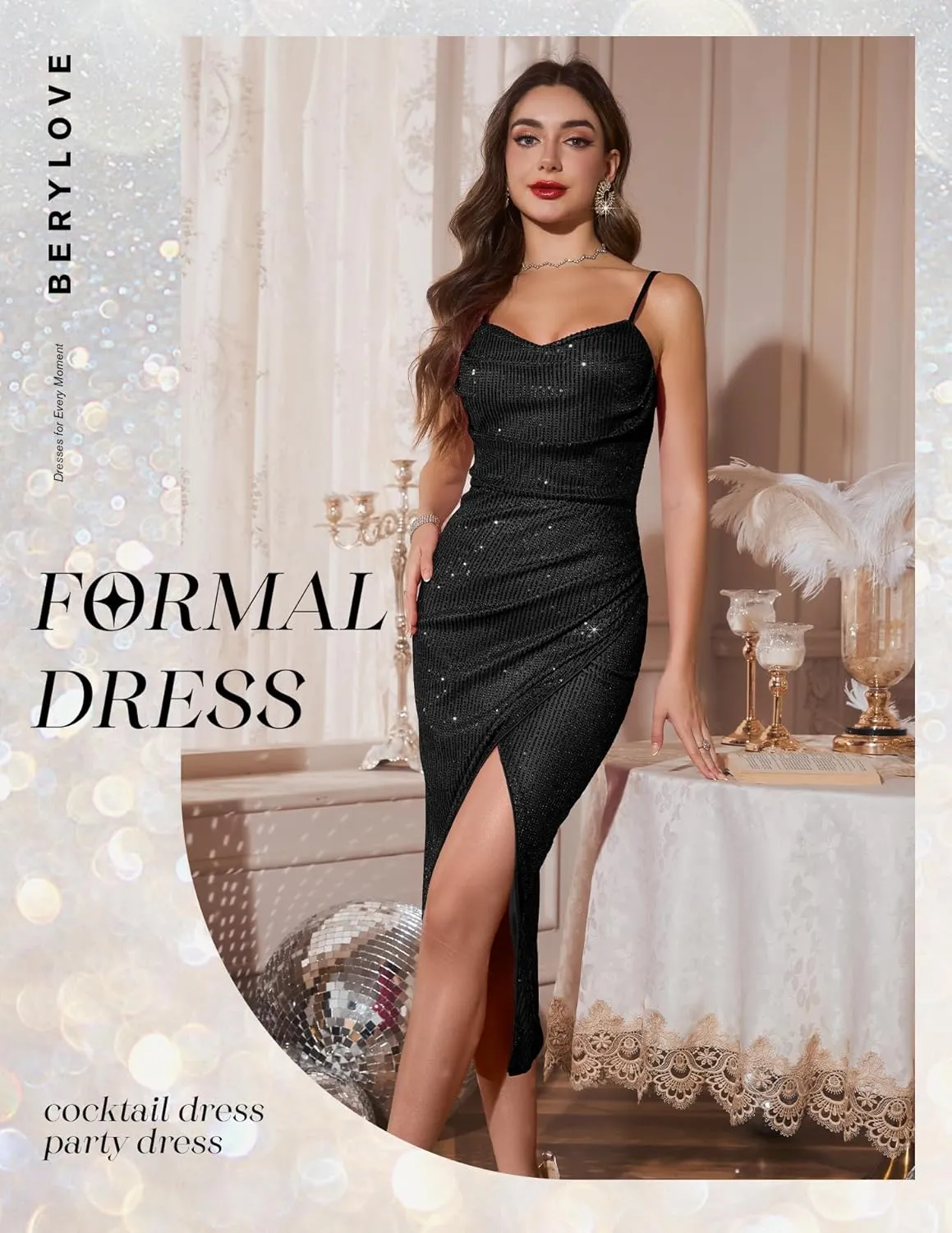 BeryLove Sequin Formal Wedding Guest Cocktail Spaghetti Strap Prom Bodycon Dress