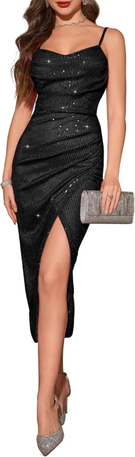 BeryLove Sequin Formal Wedding Guest Cocktail Spaghetti Strap Prom Bodycon Dress