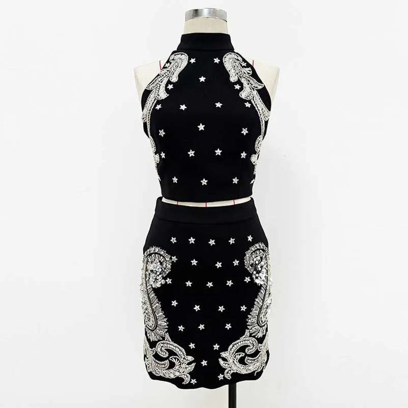 Black Square Neck Top and Skirt Suit Embroidered Crop Top Skirt Suit