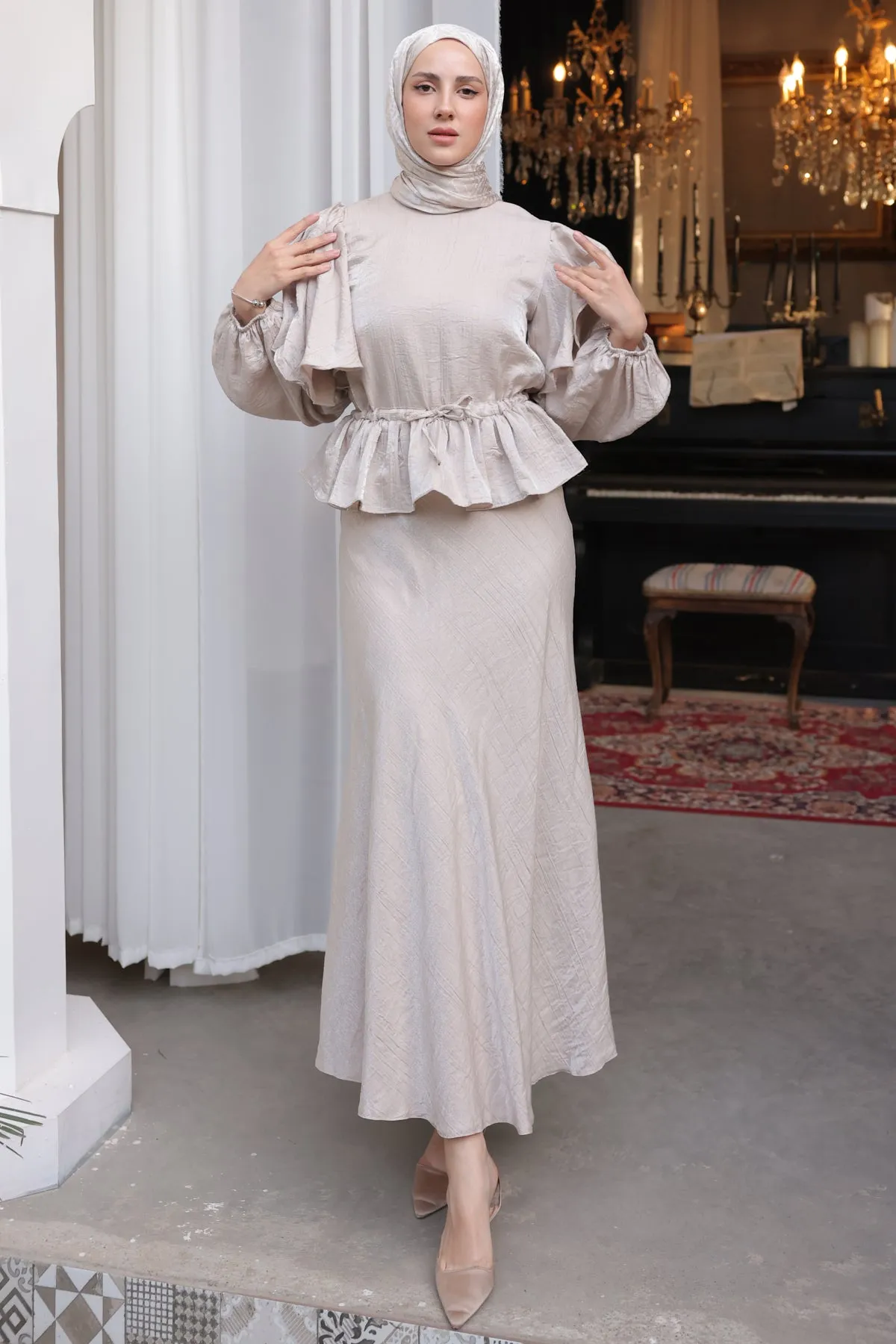 BNG Women Women's Waist Gathered Skirt Suit 2096 Stone Color - Clermont