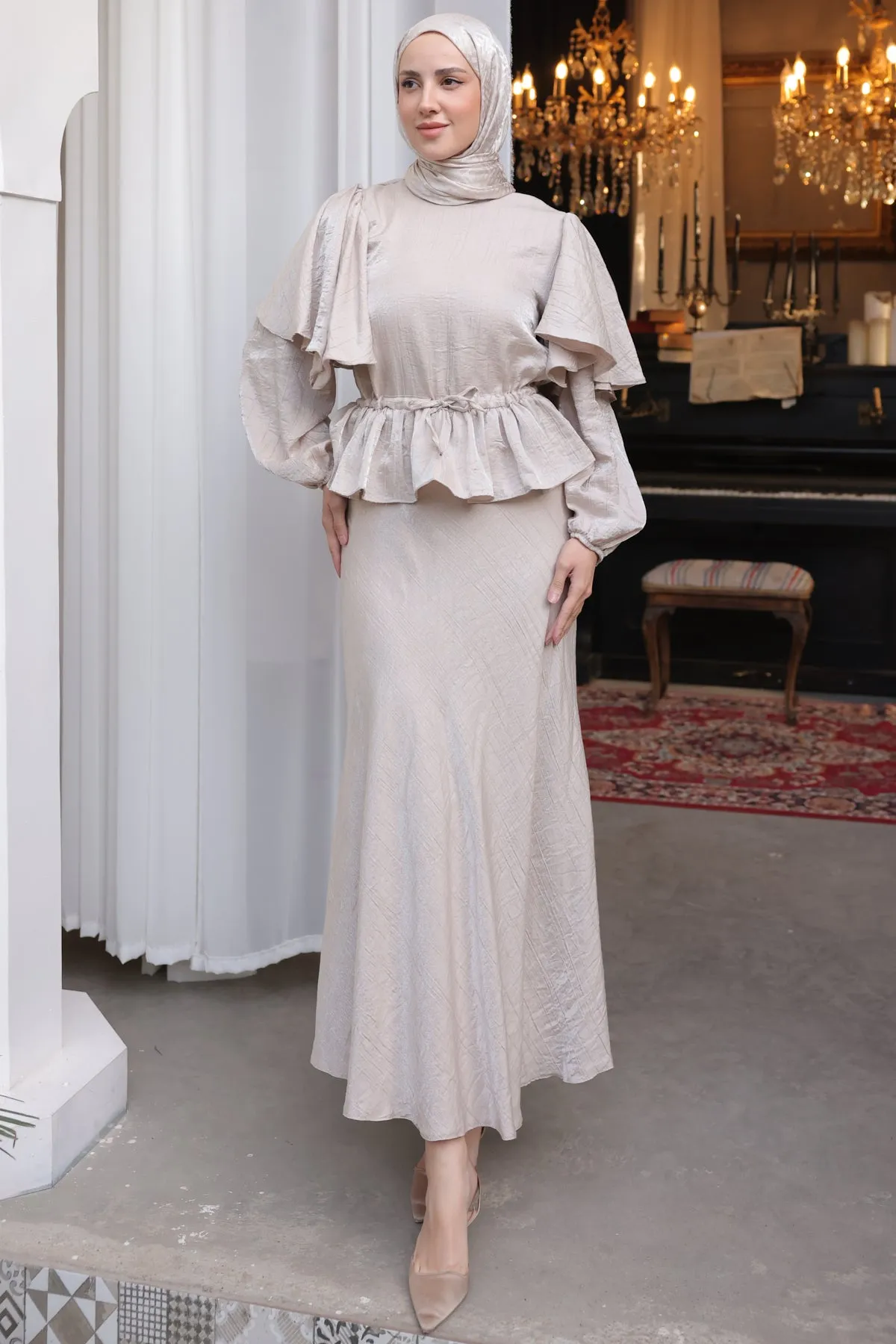 BNG Women Women's Waist Gathered Skirt Suit 2096 Stone Color - Clermont