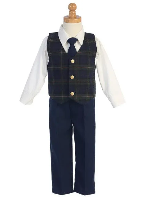 Boys Green Plaid Vest 4-Piece Holiday Set - C565G