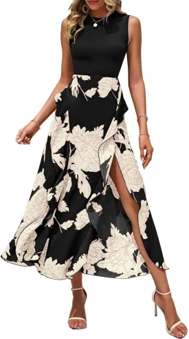 BTFBM Women Casual Sleeveless Summer Dresses 2025 Spring Crewneck Patchwork Boho Floral Ruffle Cocktail Party Midi Dress