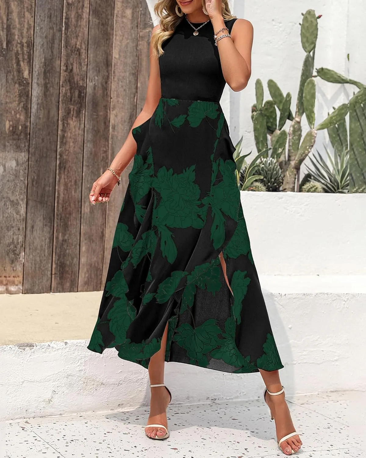 BTFBM Women Casual Sleeveless Summer Dresses 2025 Spring Crewneck Patchwork Boho Floral Ruffle Cocktail Party Midi Dress