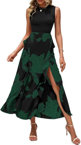 BTFBM Women Casual Sleeveless Summer Dresses 2025 Spring Crewneck Patchwork Boho Floral Ruffle Cocktail Party Midi Dress