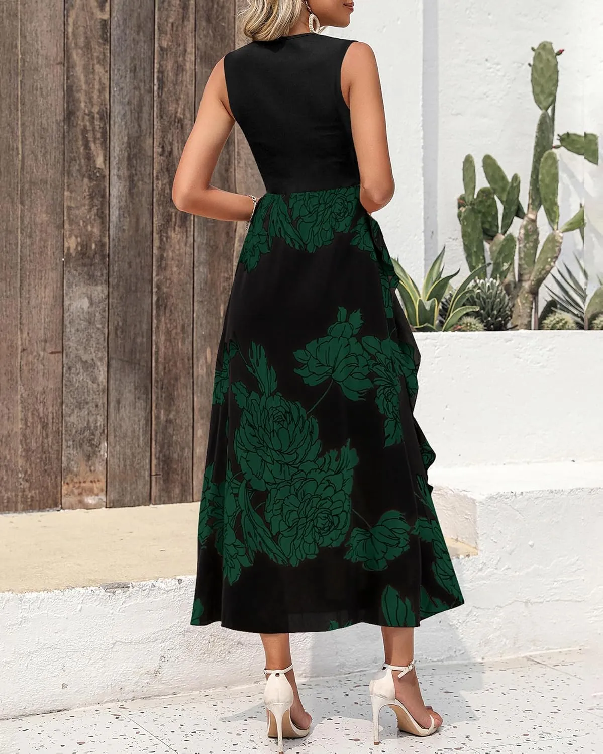 BTFBM Women Casual Sleeveless Summer Dresses 2025 Spring Crewneck Patchwork Boho Floral Ruffle Cocktail Party Midi Dress