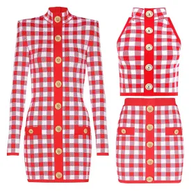 Checked Suit Chic Knit Crop Top Short Skirt Cardigan Coat Mini Dress Set