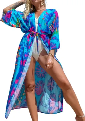 Chunoy Women Long Kimono Cardigan Open Front Bathing Suit Dress Lightweight Beach Cover Up