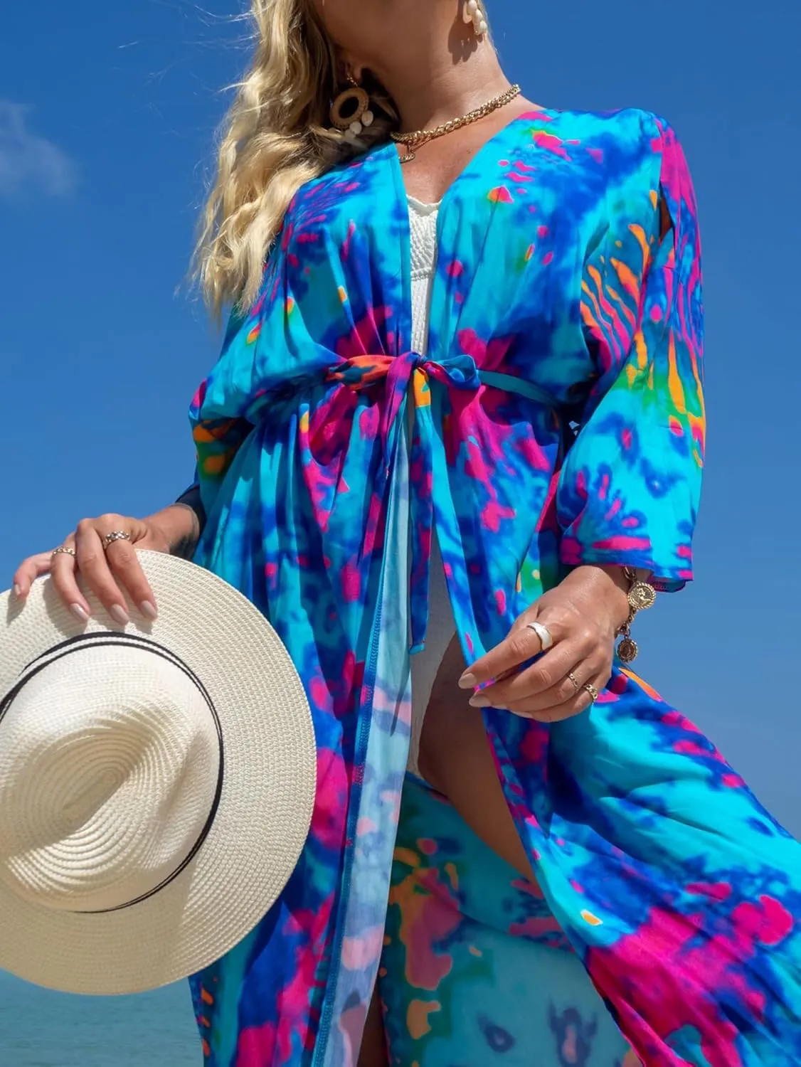 Chunoy Women Long Kimono Cardigan Open Front Bathing Suit Dress Lightweight Beach Cover Up