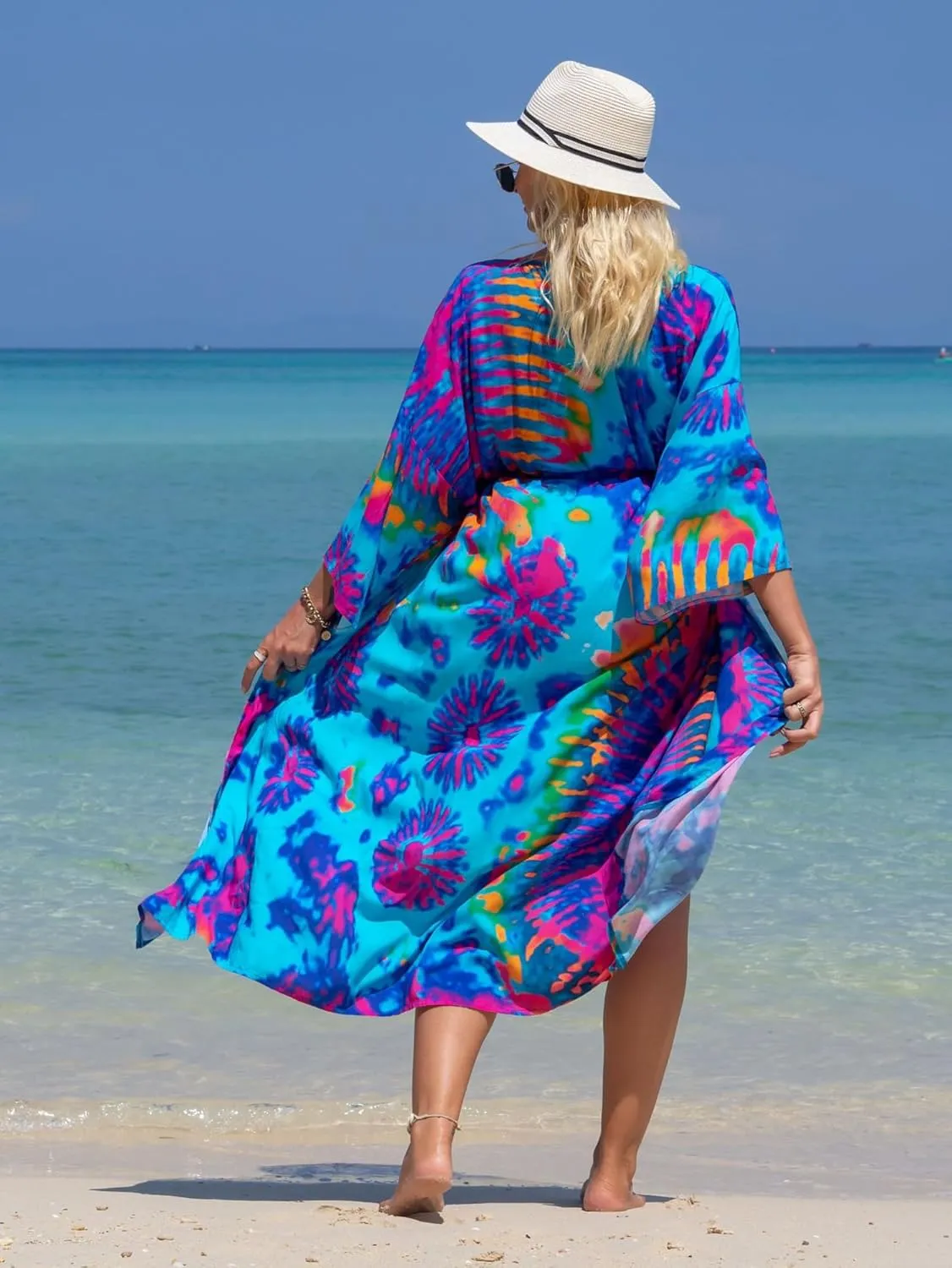 Chunoy Women Long Kimono Cardigan Open Front Bathing Suit Dress Lightweight Beach Cover Up