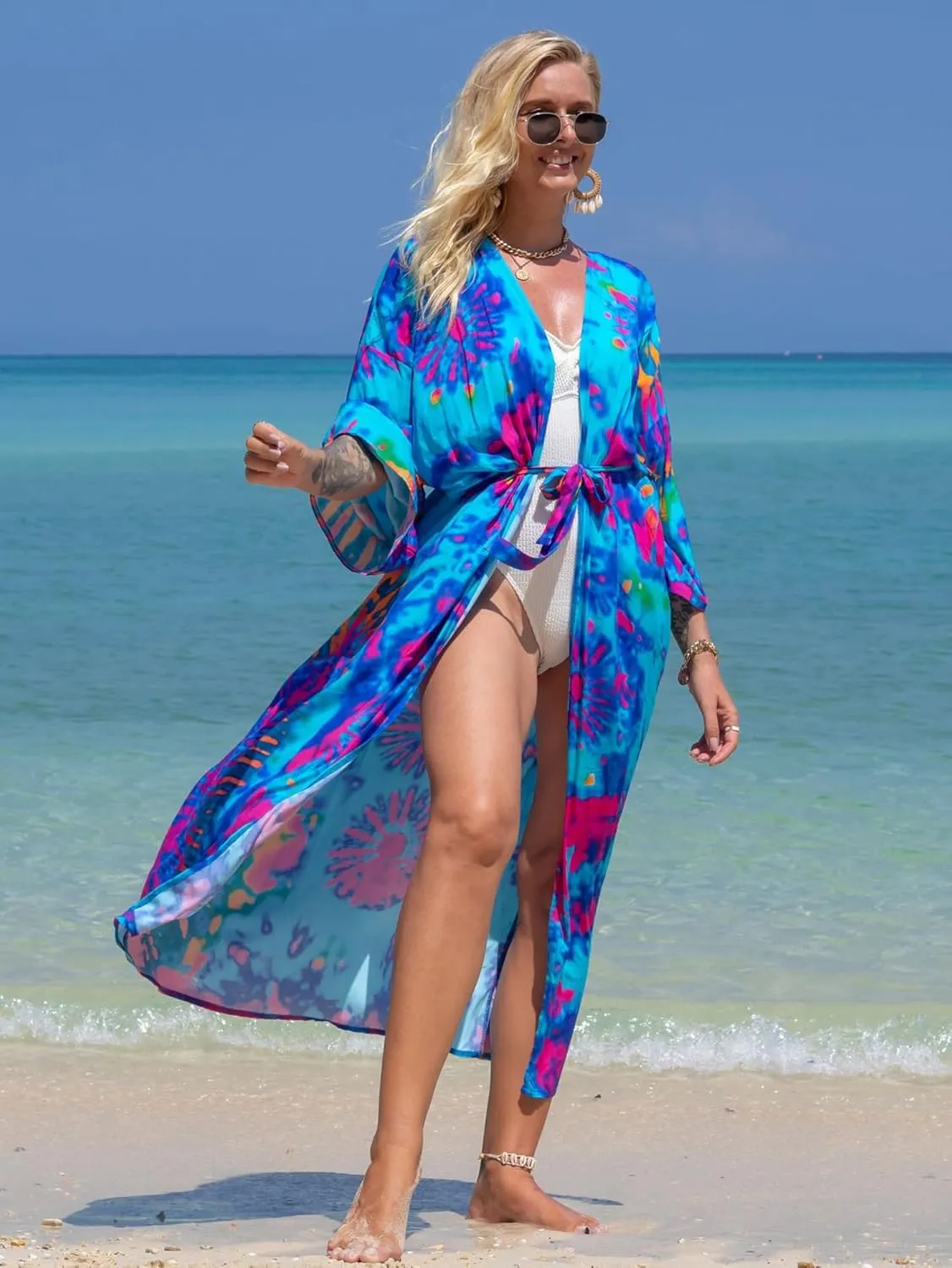 Chunoy Women Long Kimono Cardigan Open Front Bathing Suit Dress Lightweight Beach Cover Up