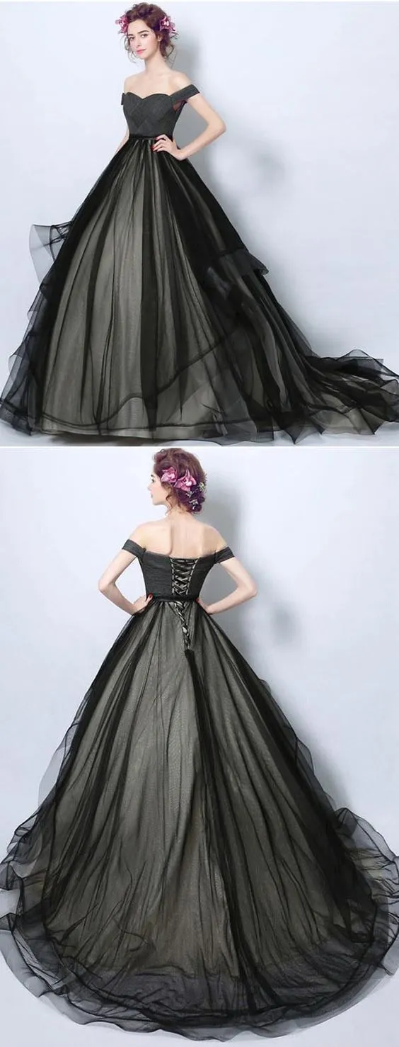 Delicate Black Tulle Off Shoulders Princess Ball Gown Wedding Dress