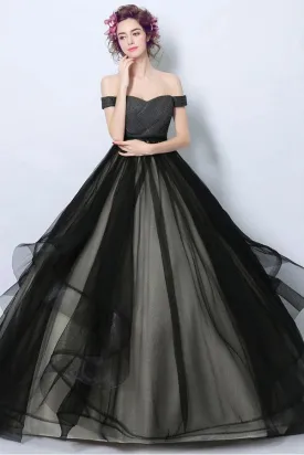 Delicate Black Tulle Off Shoulders Princess Ball Gown Wedding Dress