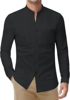 DEMEANOR Band Collar Dress Shirts for Men Stretch Dress Shirts Collarless Button Down Long Sleeve Shirts Muscle Fit