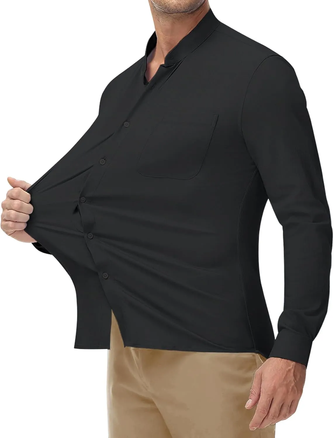 DEMEANOR Band Collar Dress Shirts for Men Stretch Dress Shirts Collarless Button Down Long Sleeve Shirts Muscle Fit