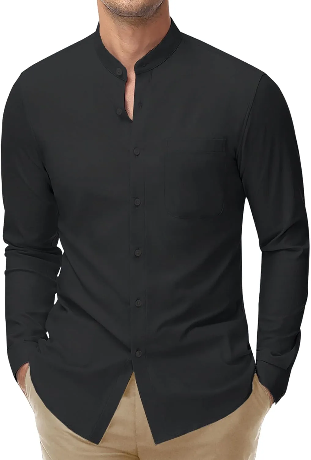 DEMEANOR Band Collar Dress Shirts for Men Stretch Dress Shirts Collarless Button Down Long Sleeve Shirts Muscle Fit