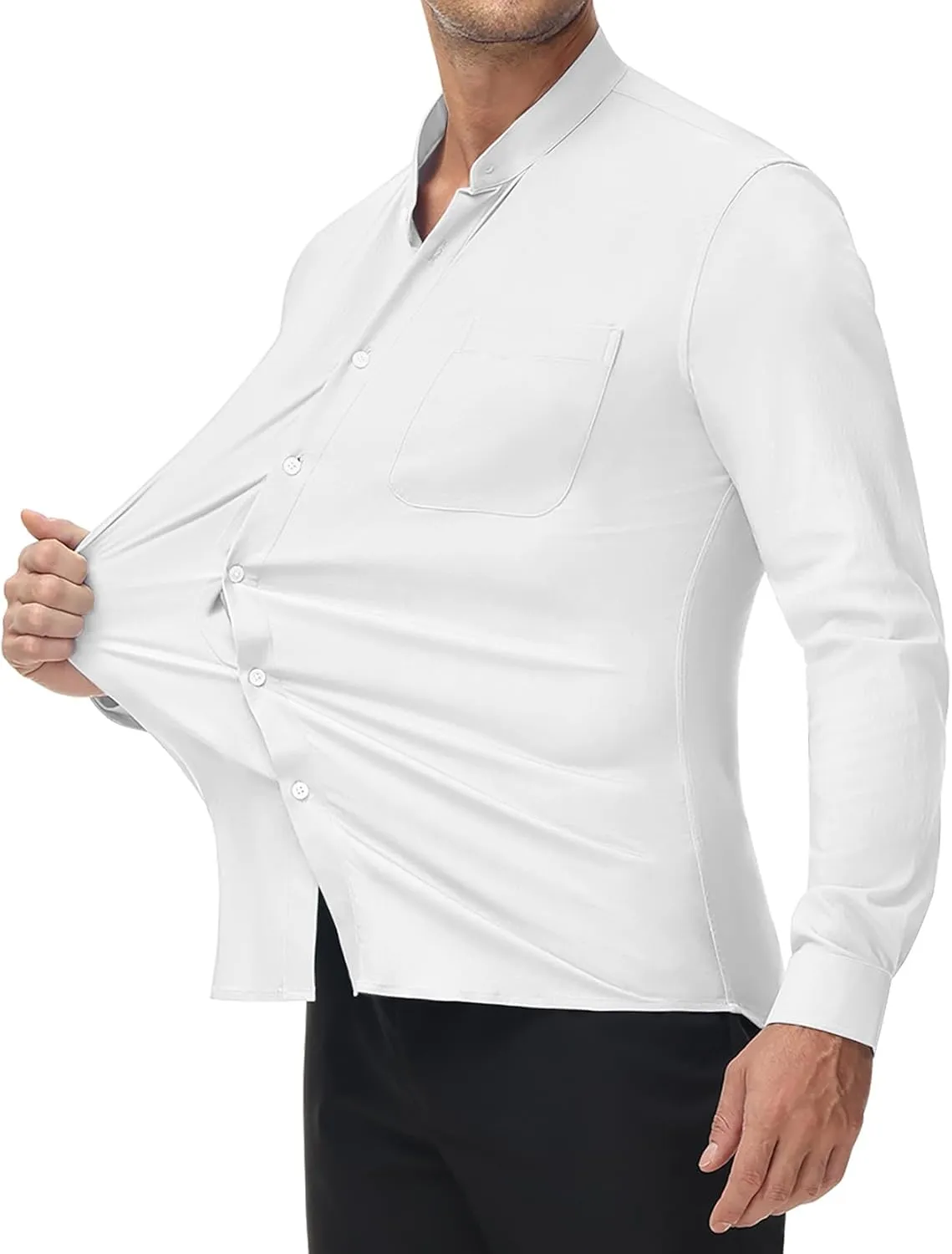 DEMEANOR Band Collar Dress Shirts for Men Stretch Dress Shirts Collarless Button Down Long Sleeve Shirts Muscle Fit