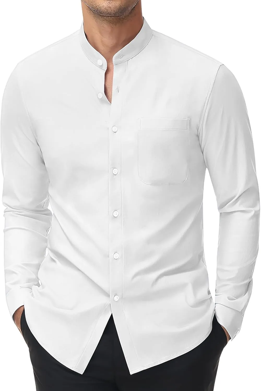 DEMEANOR Band Collar Dress Shirts for Men Stretch Dress Shirts Collarless Button Down Long Sleeve Shirts Muscle Fit