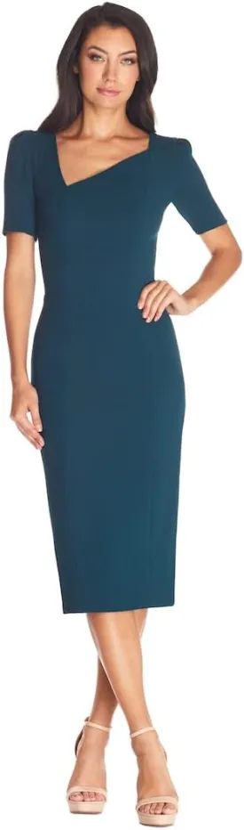 Dress the Population Women's Ruth Short Puff Sleeves Asymmetrical Neckline Bodycon Midi Dress