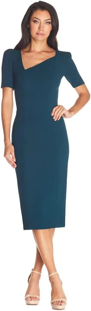 Dress the Population Women's Ruth Short Puff Sleeves Asymmetrical Neckline Bodycon Midi Dress