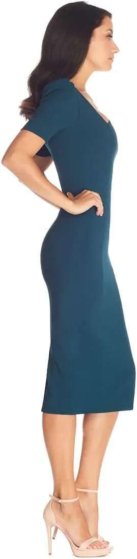 Dress the Population Women's Ruth Short Puff Sleeves Asymmetrical Neckline Bodycon Midi Dress