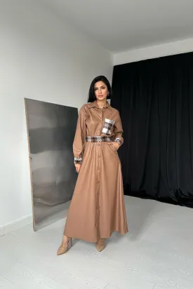 ELS Garnished Leather Skirt Suit - Tan - Barcelona