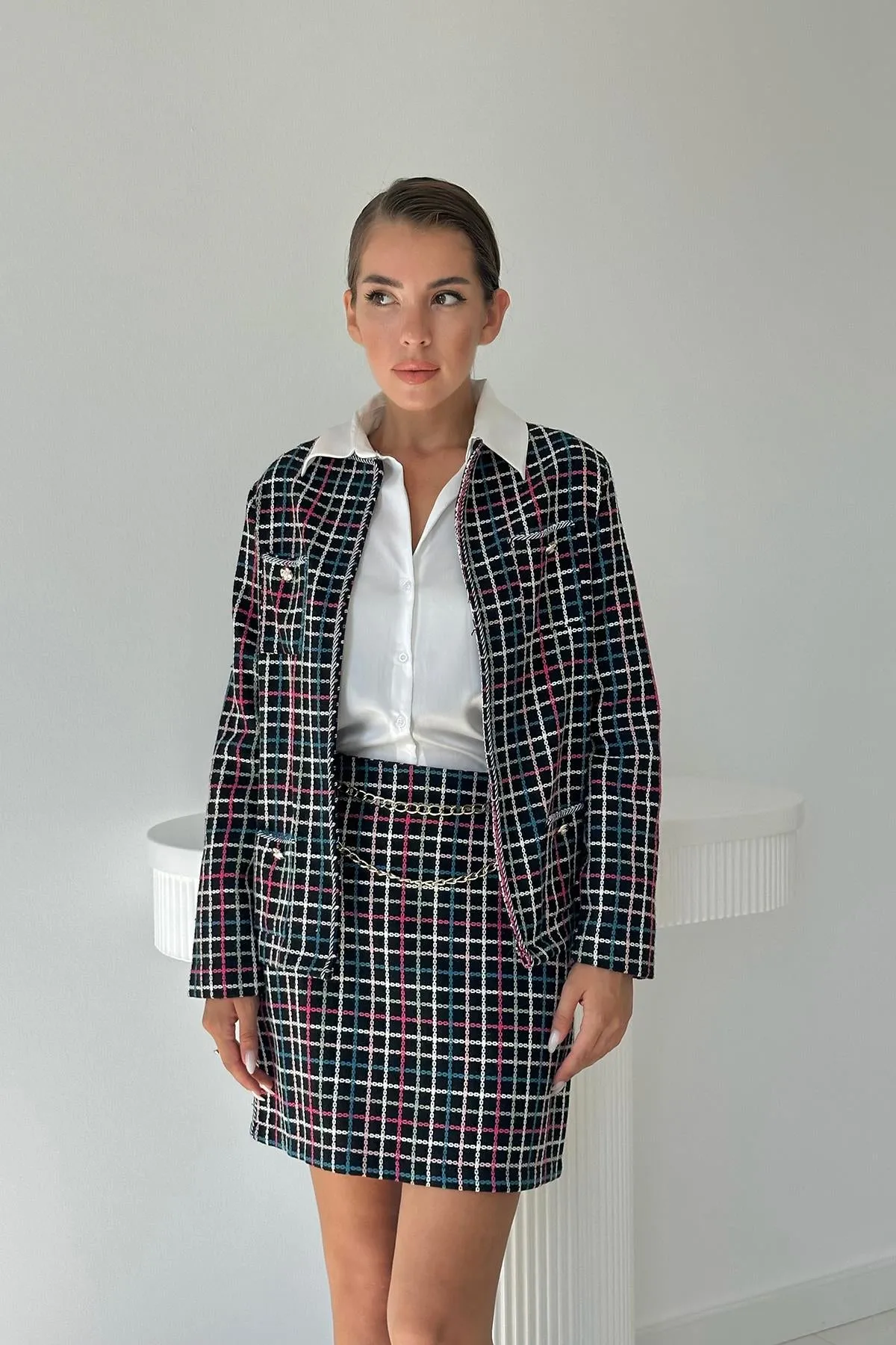 ELS Open Front Jacket and Skirt Set with Chain - Black - Kaneohe