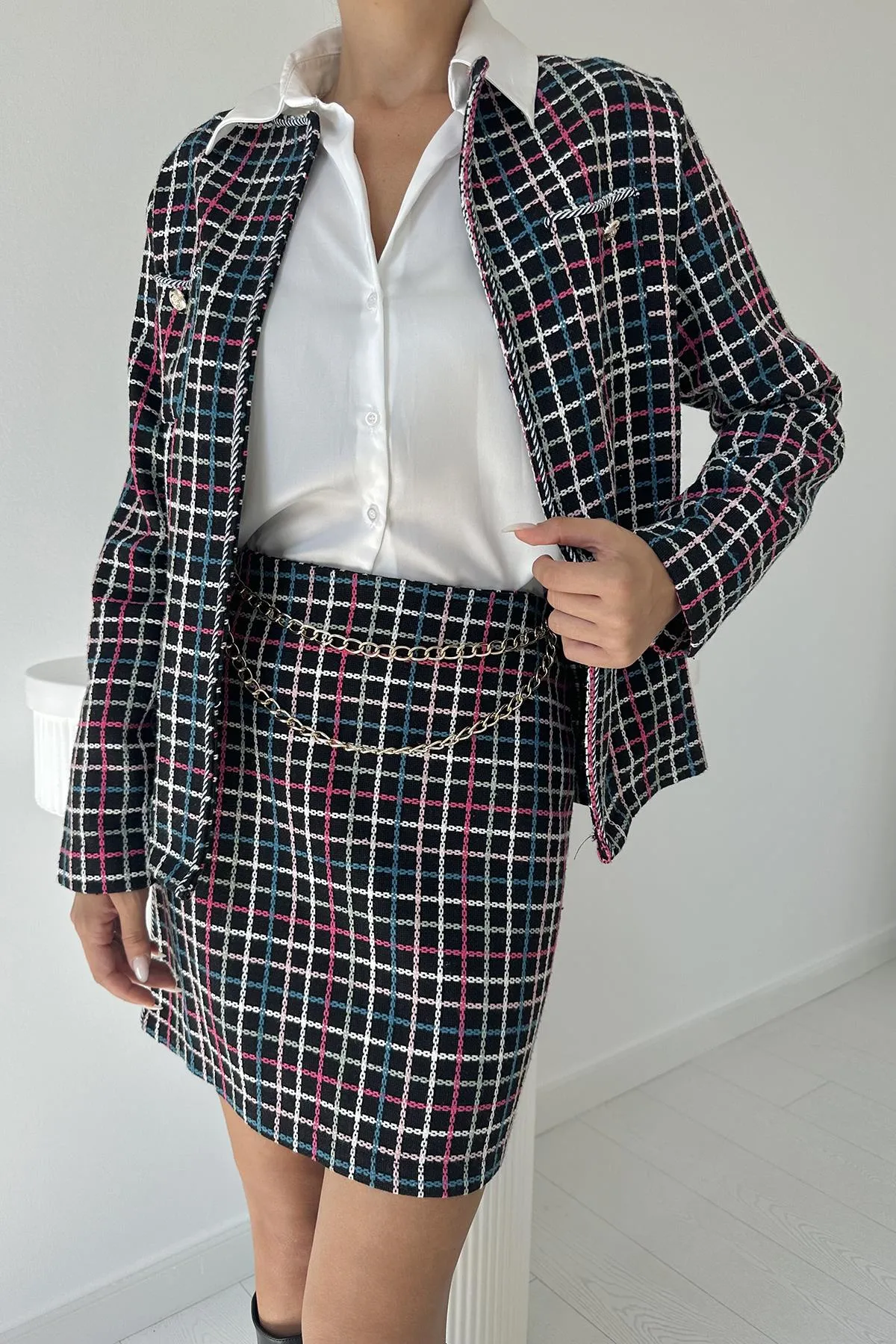 ELS Open Front Jacket and Skirt Set with Chain - Black - Kaneohe