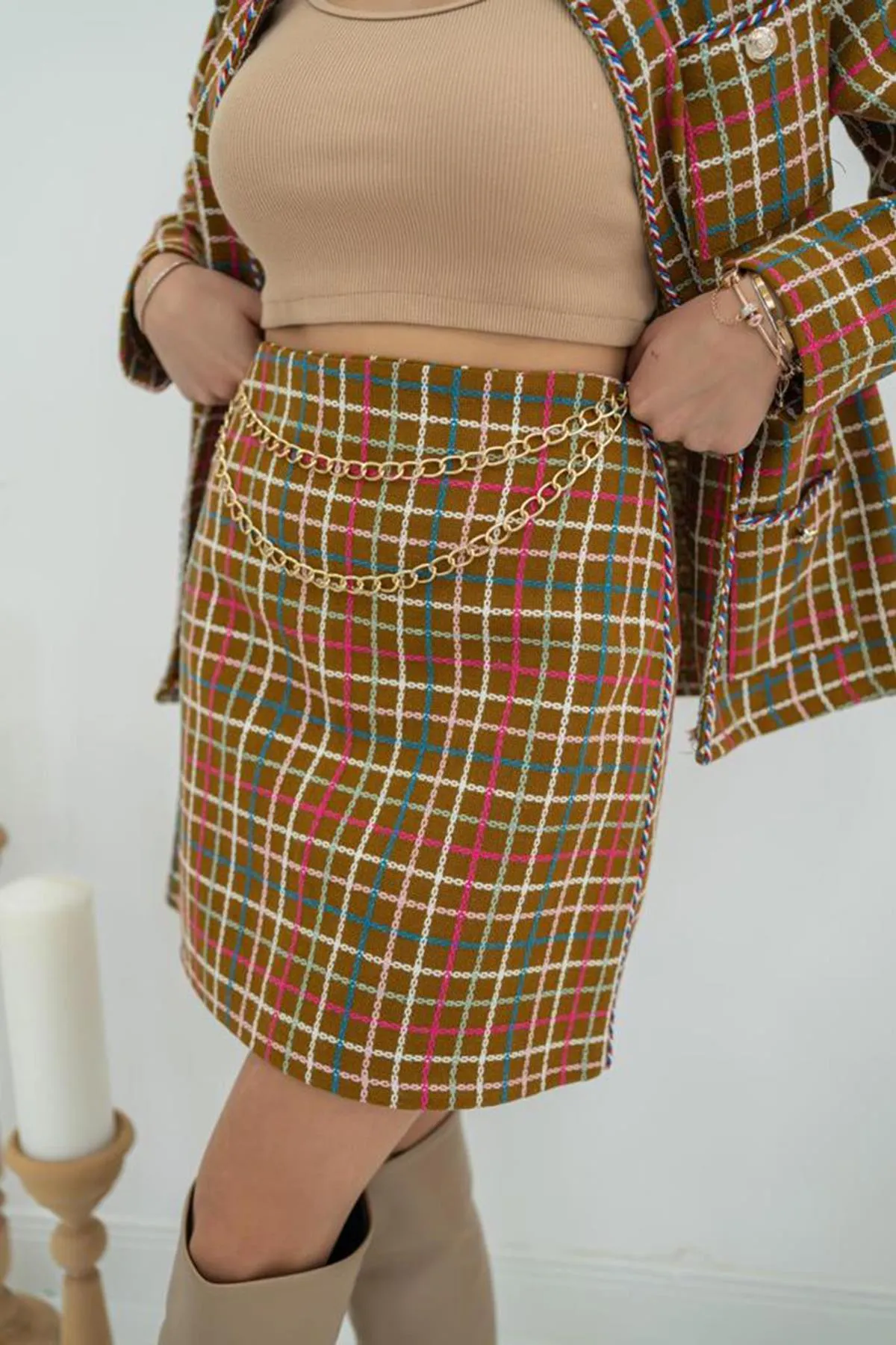 ELS Open Front Jacket and Skirt Set with Chain - Brown - Sicklerville