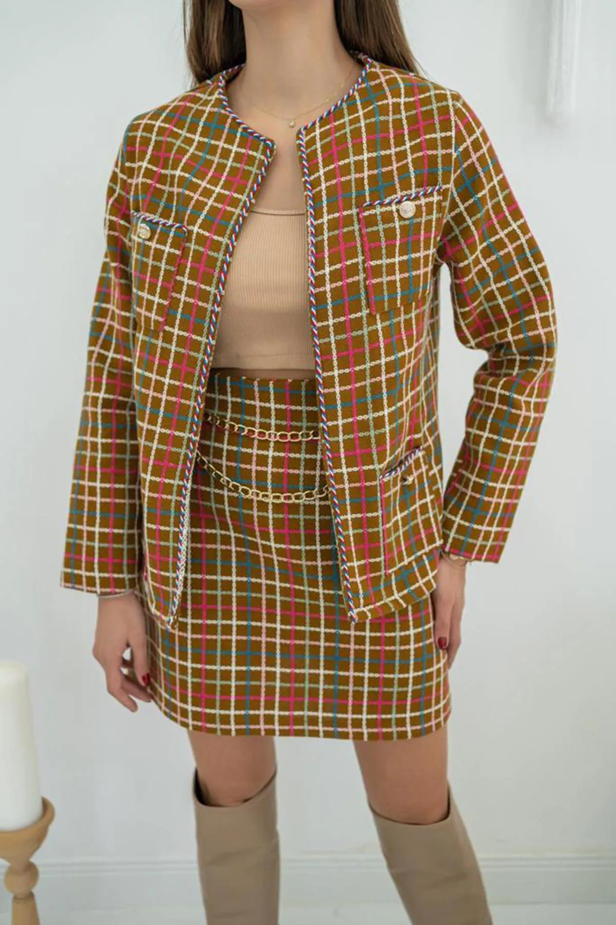 ELS Open Front Jacket and Skirt Set with Chain - Brown - Sicklerville