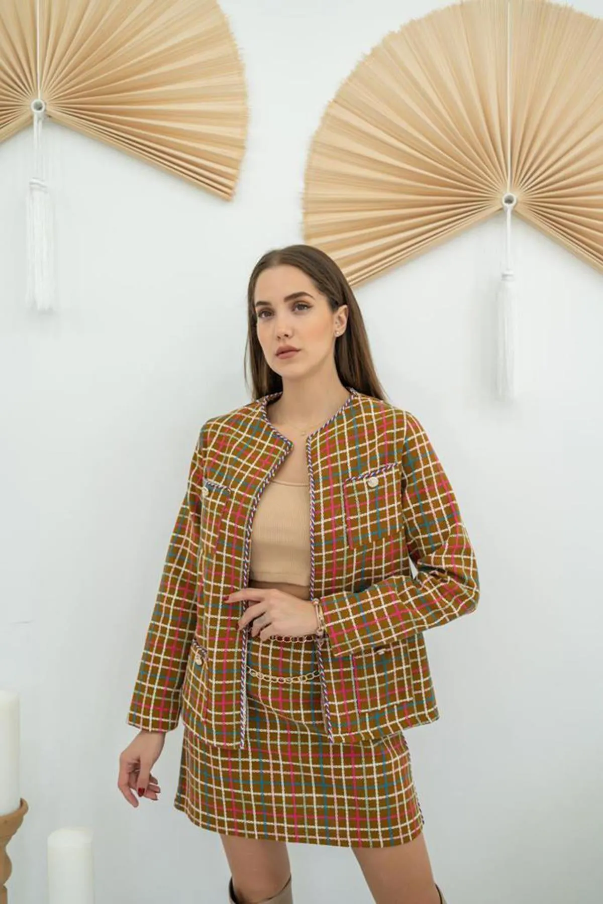 ELS Open Front Jacket and Skirt Set with Chain - Brown - Sicklerville