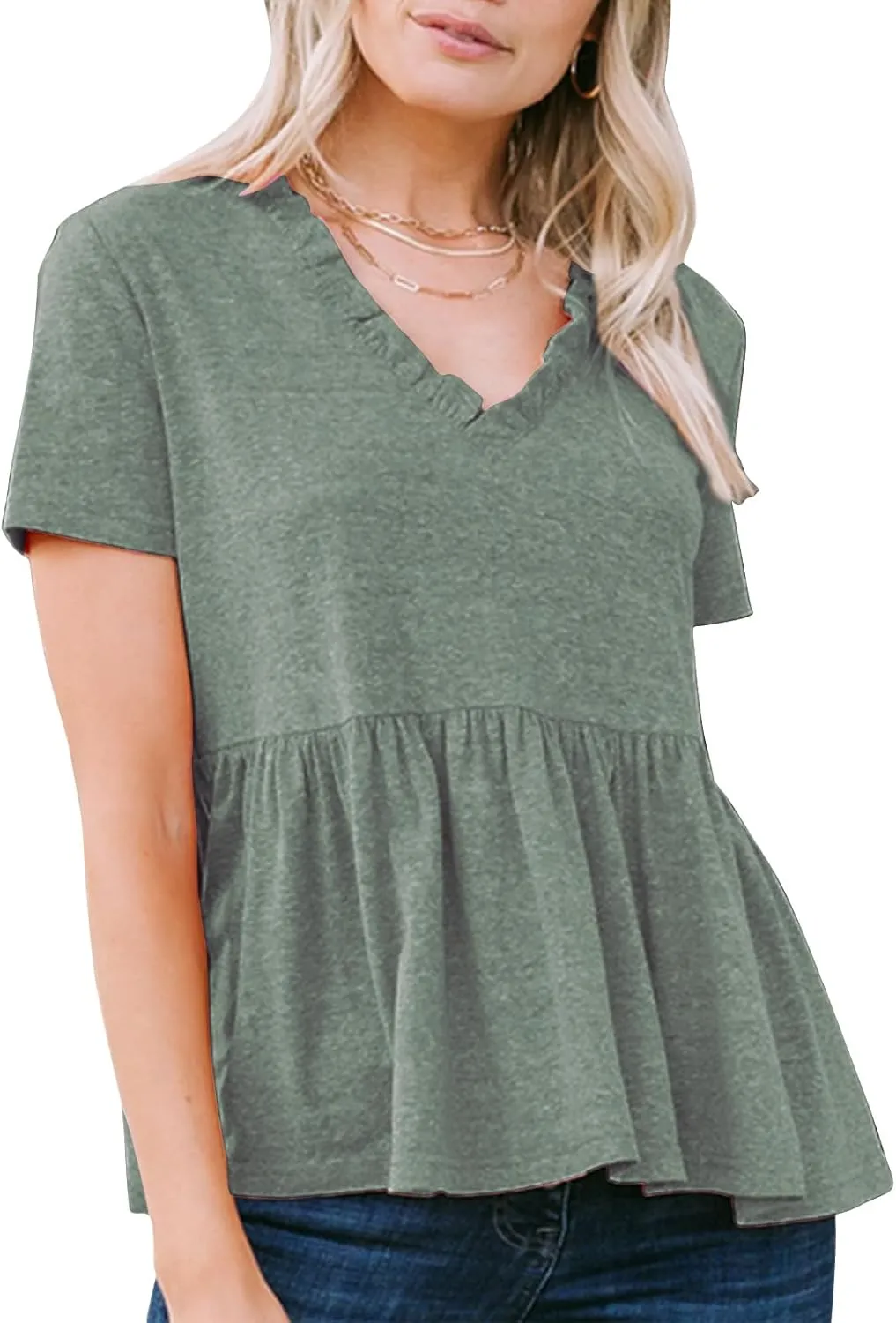 EXLURA Women's Summer Crop Babydoll Peplum Tops Cute V Neck Short Sleeve Business Casual Trendy T Shirts Beach Vacation 2025
