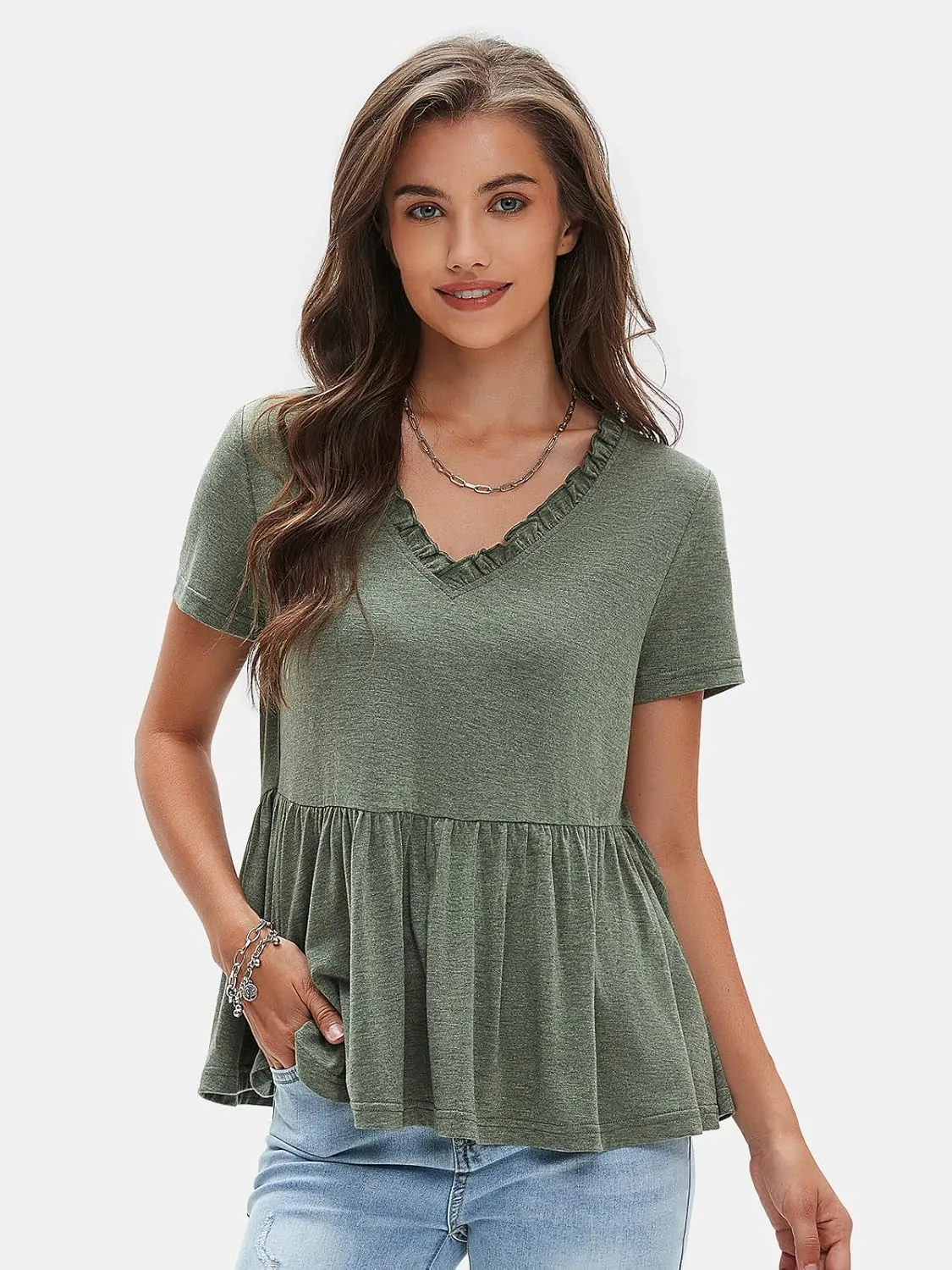 EXLURA Women's Summer Crop Babydoll Peplum Tops Cute V Neck Short Sleeve Business Casual Trendy T Shirts Beach Vacation 2025